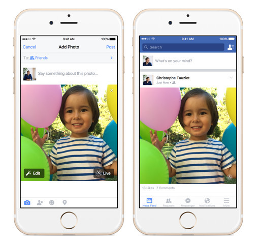 Facebook手机应用将支持LivePhoto照片 凤凰科技讯 12月22日消息,Facebook iOS应用的使用者将很快可以在Facebook上体验苹果在iPhone 6s和iPhone6s Plus上搭载的LivePhotos功能。Facebook是继Tumblr之后第二款支持LivePhoto照片分享的社交软件。 Live Photos功能是指iPhone 6s和6s Plus在拍照的同时,还会记录拍照前后瞬间(前后均约1.
